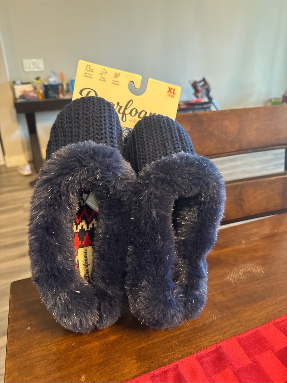 Plush Navy womens Slippers with Faux Fur Lining